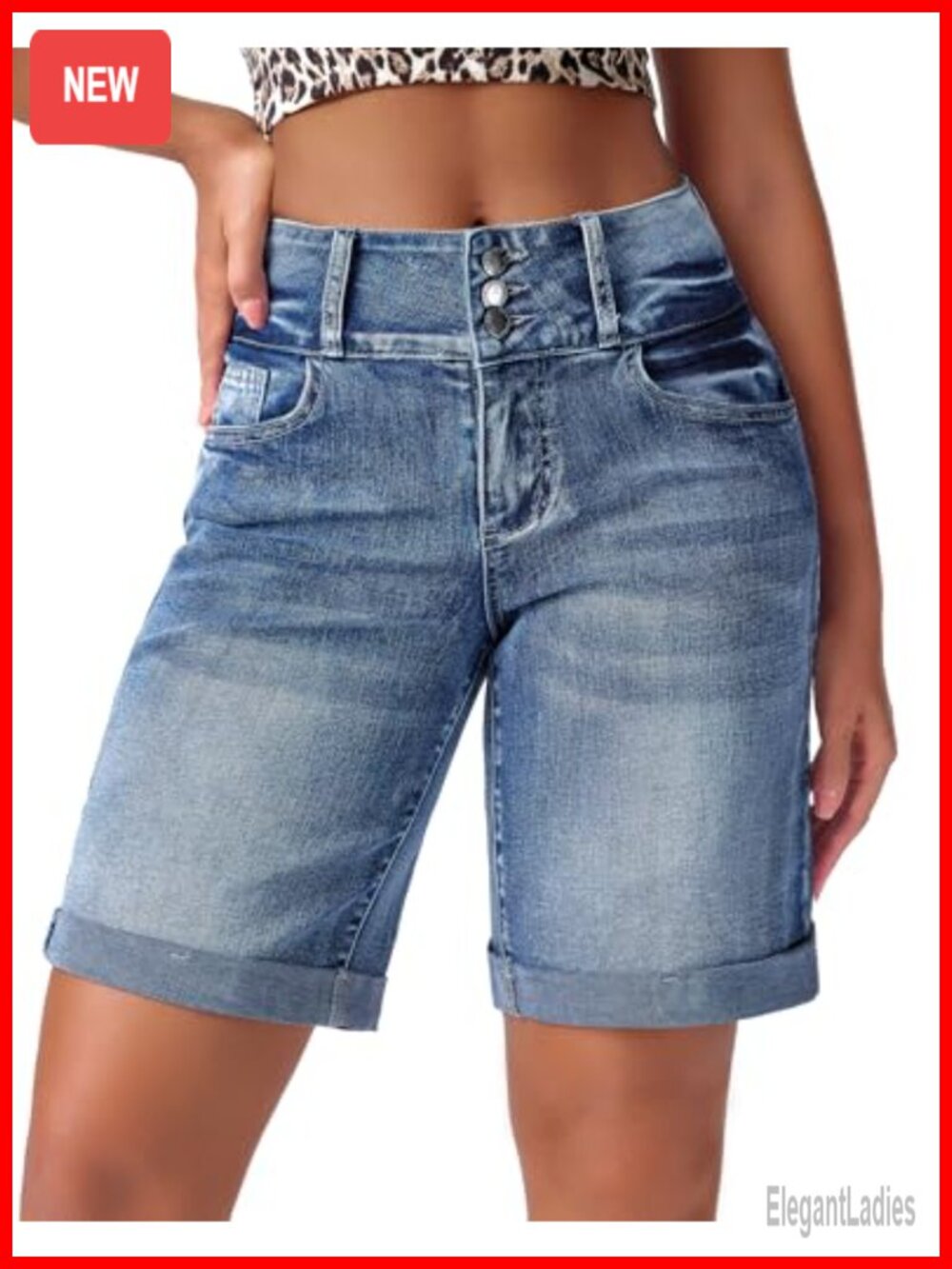High Waisted Wide Leg Denim Shorts with Cuffed Hem, Stretchy Summer Casual Knee